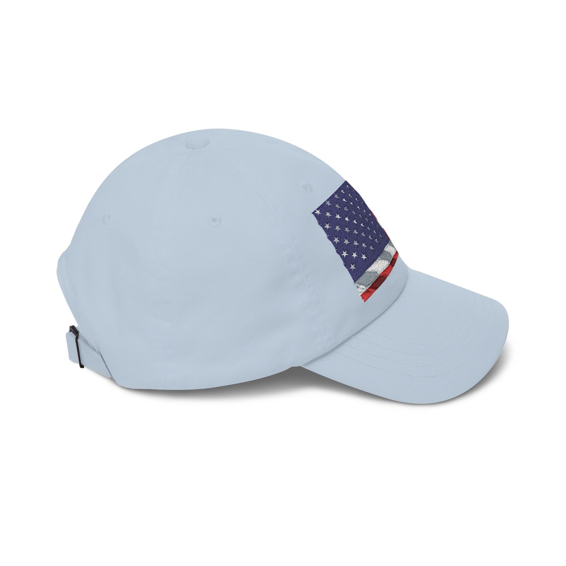 Light blue baseball cap with embroidered American flag patch at side