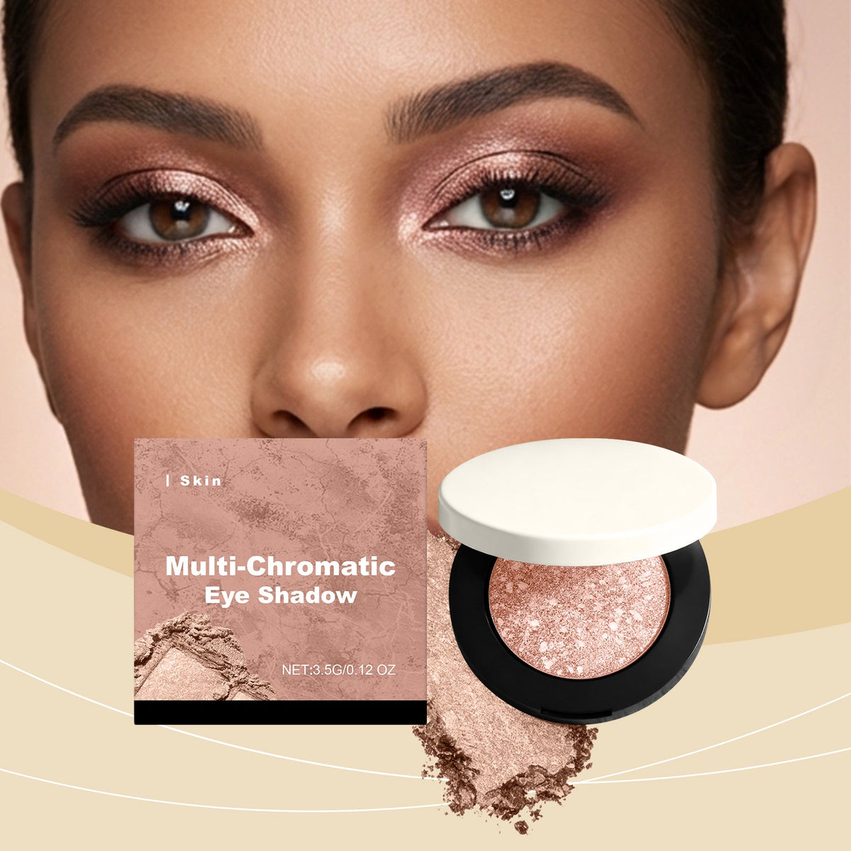 Rose-gold shimmer eye shadow compact, black tray with white lid