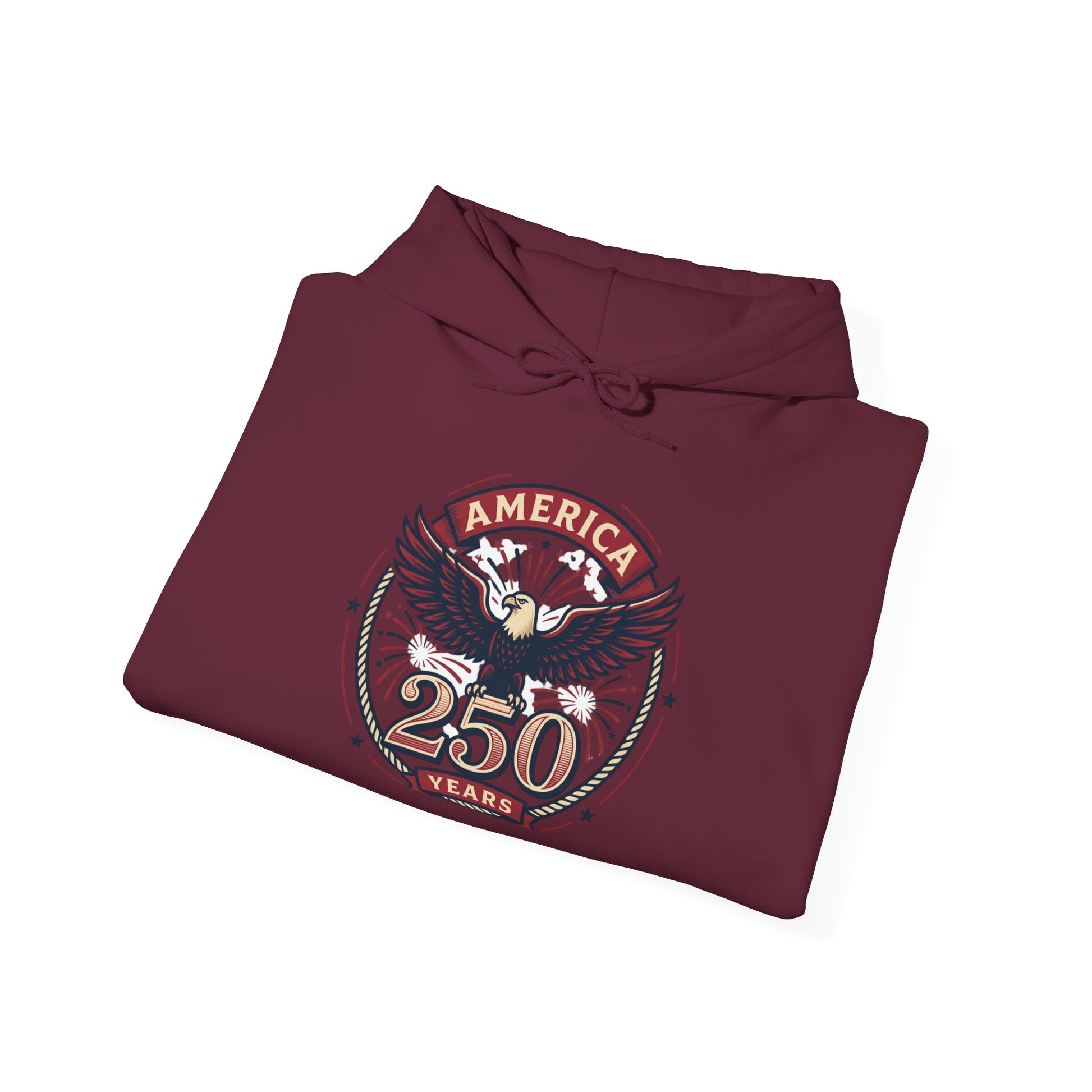 Maroon hoodie with eagle “America 250 Years” graphic on chest