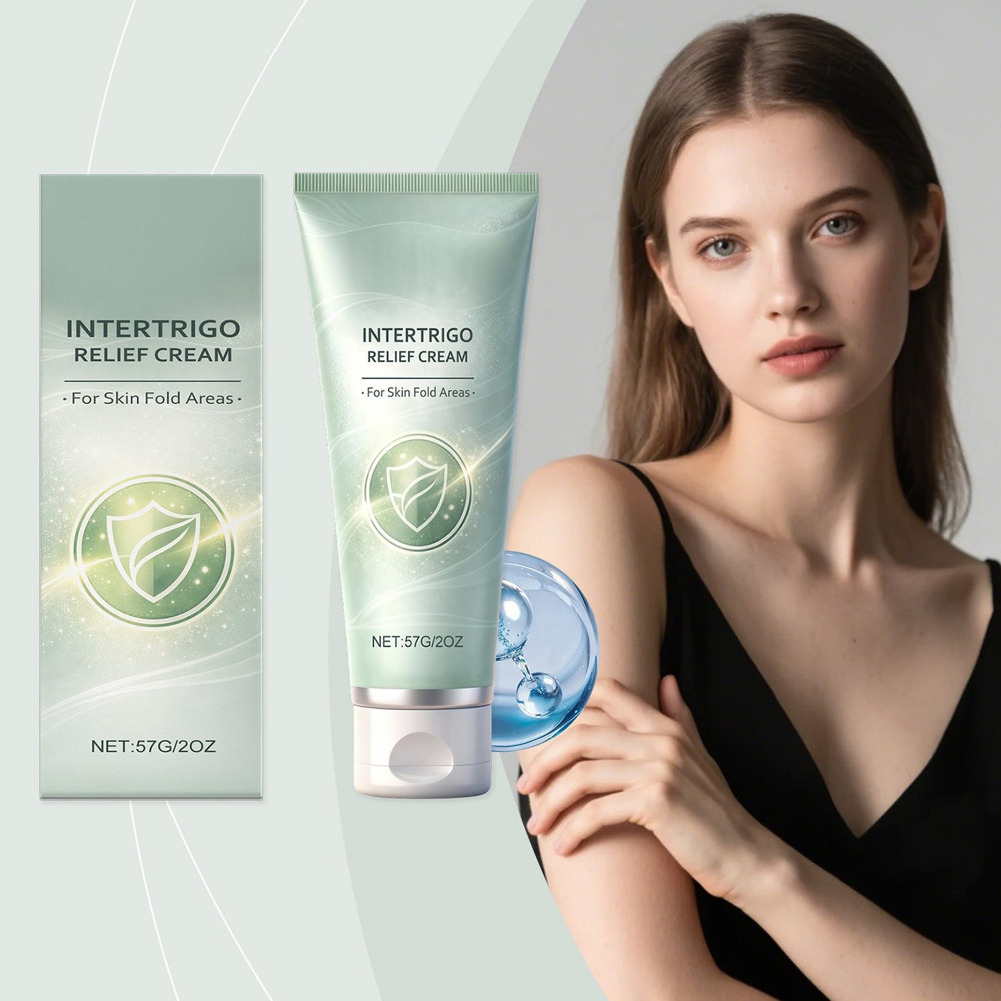 Intertrigo relief cream tube with box and person holding a blue gel drop