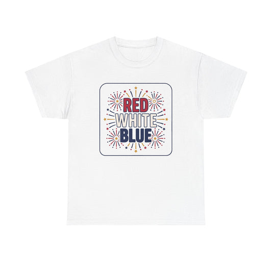 Patriotic fireworks T-shirt, white with centered red, white, and blue graphic square