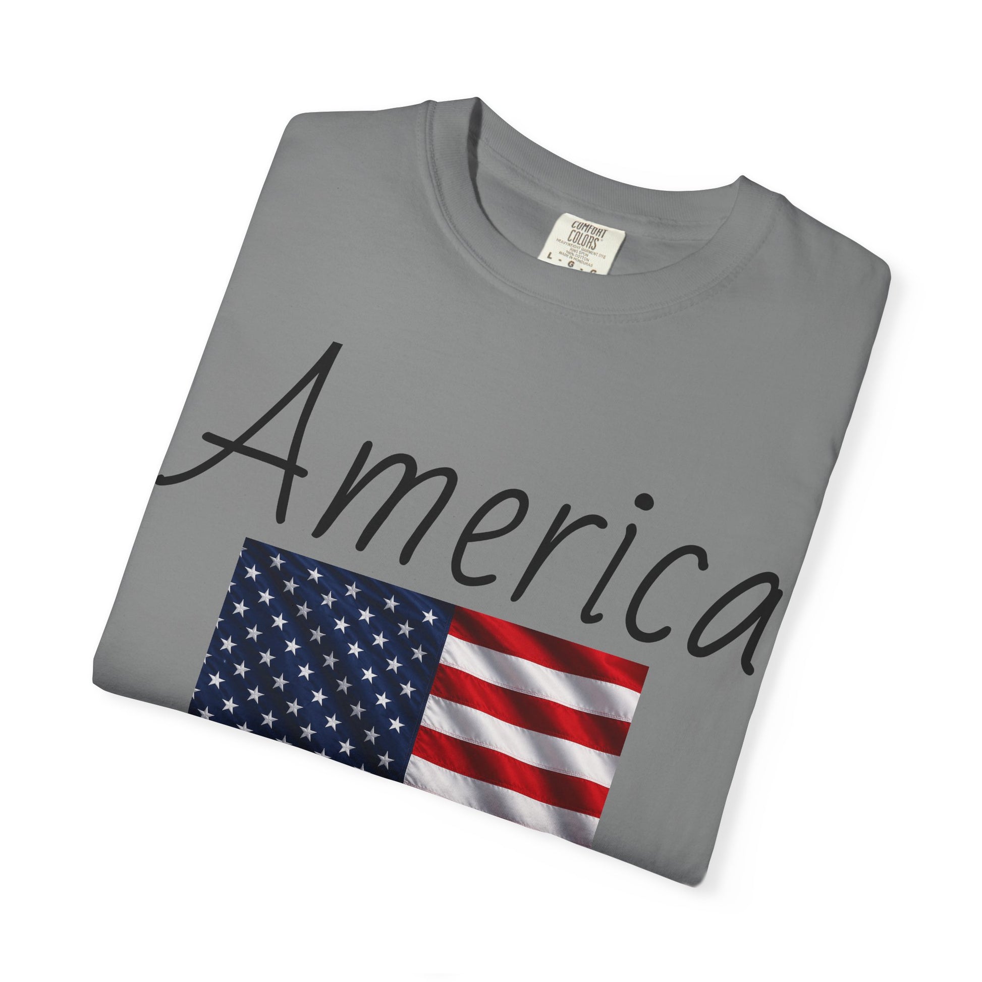 Unisex graphic T-shirt, charcoal gray with “America” script and U.S. flag graphic