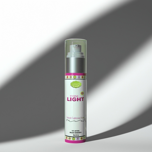 Yoni Brightening Body Serum pump bottle, clear cap with green and pink label