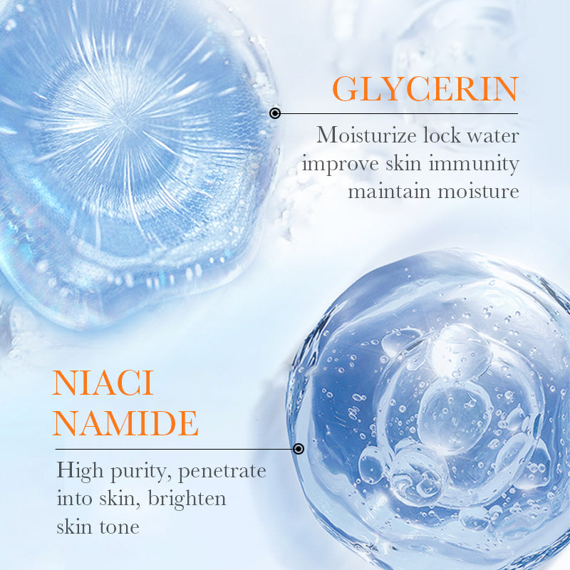 Water drop skincare ingredient graphic with blue gel bubbles