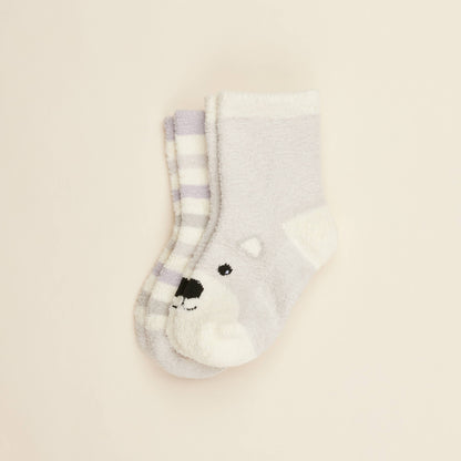 Cream crew sock with lilac stripes and Marshmallow Bear face patch