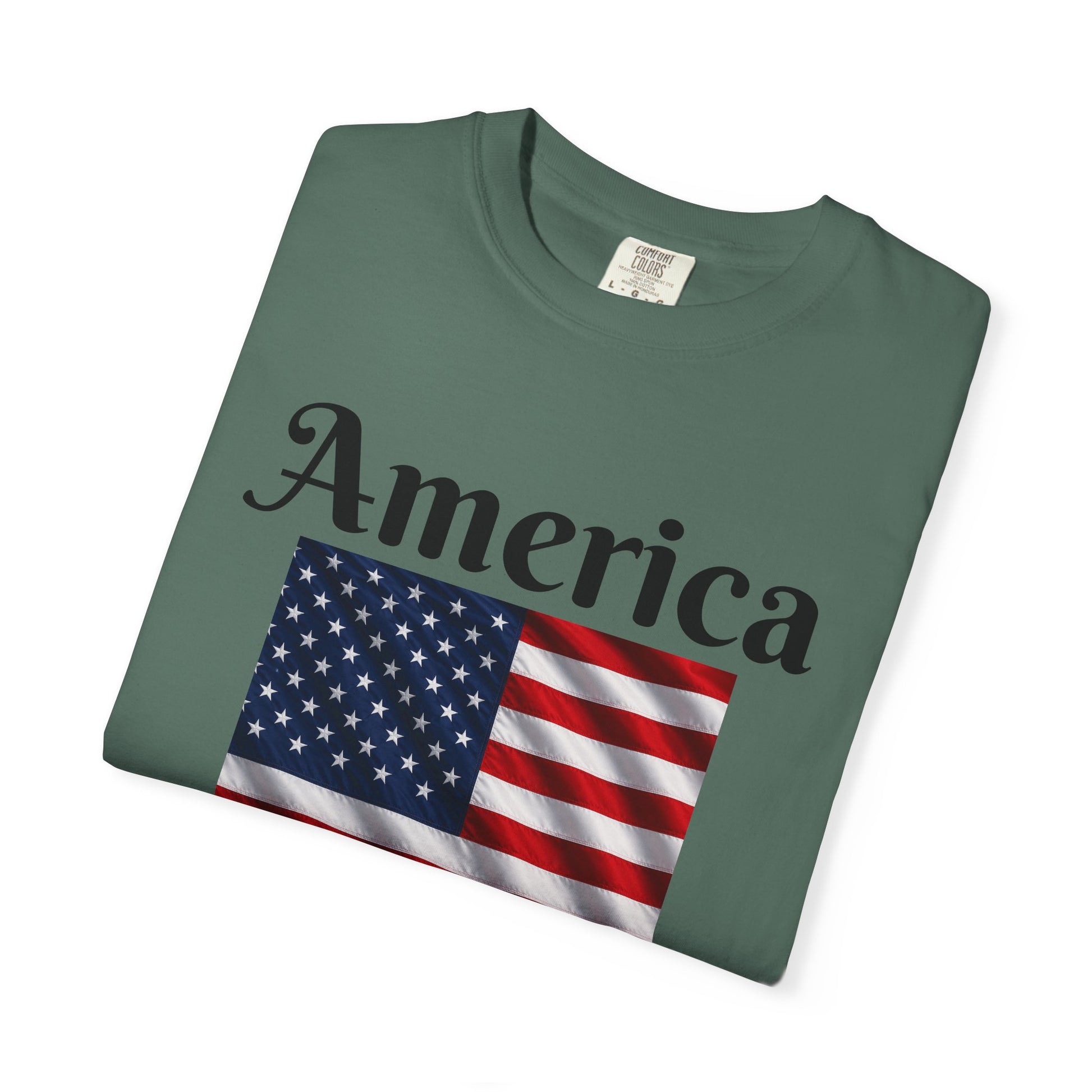 Green T-shirt with front America script and U.S. flag graphic