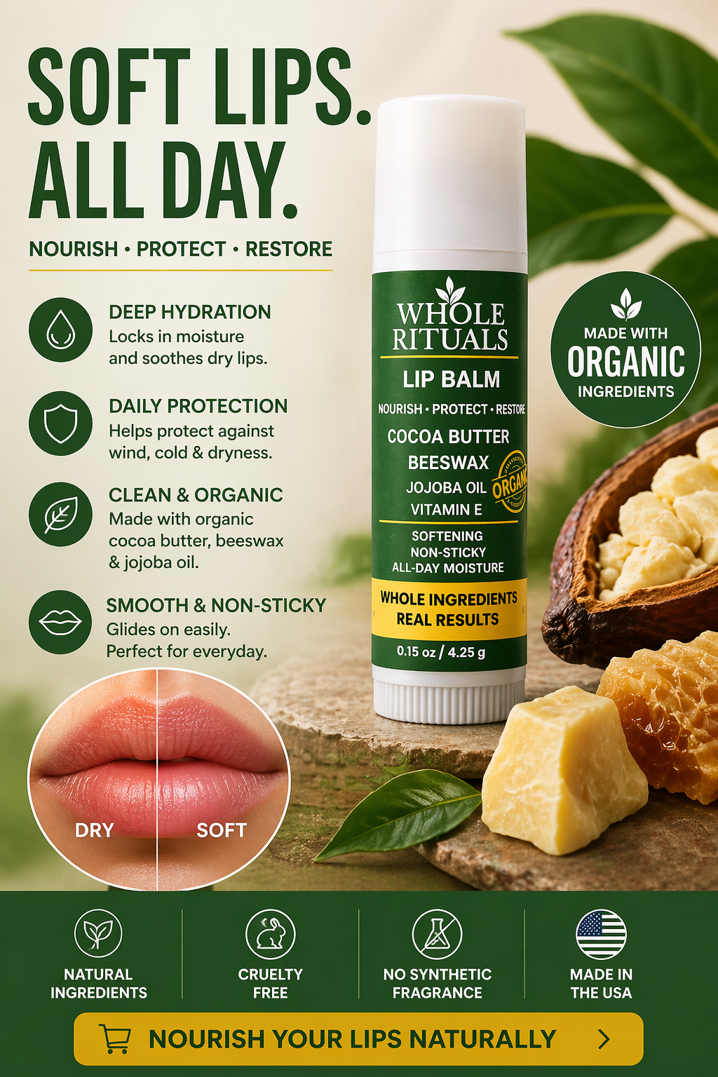Whole Rituals lip balm tube with green label, shown with cocoa butter and leaves