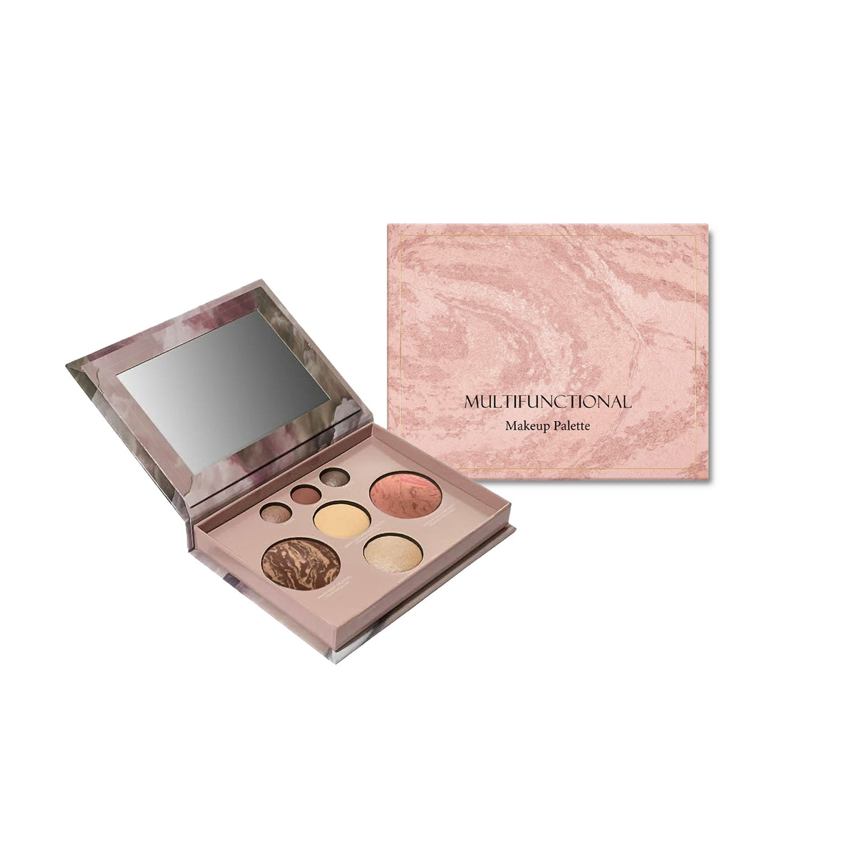 Makeup palette set with mirror-open base and rose-toned compact cover