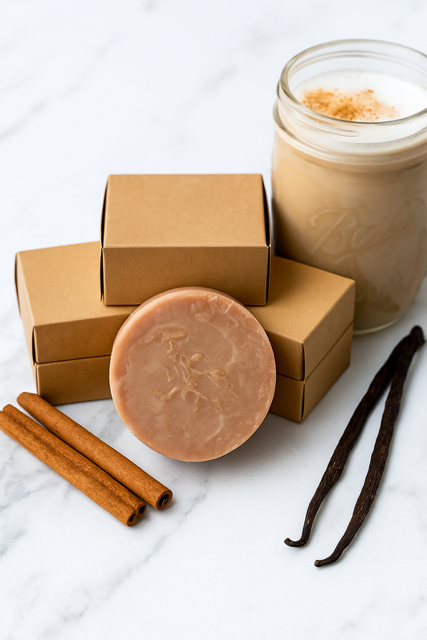 Round brown bar soap, shown with open kraft box