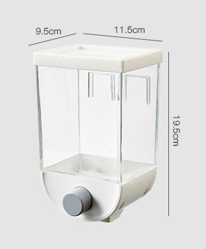 Front view white wall-mounted sealed grain jar with clear bin and front push lever
