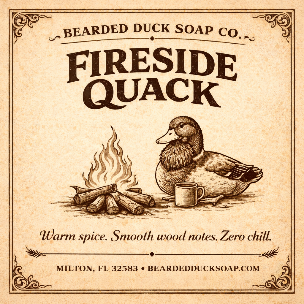Soap label with duck and campfire illustration, warm spice and wood notes text