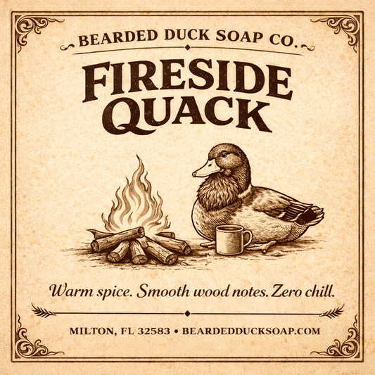 Soap label with duck and campfire illustration, warm spice and wood notes text