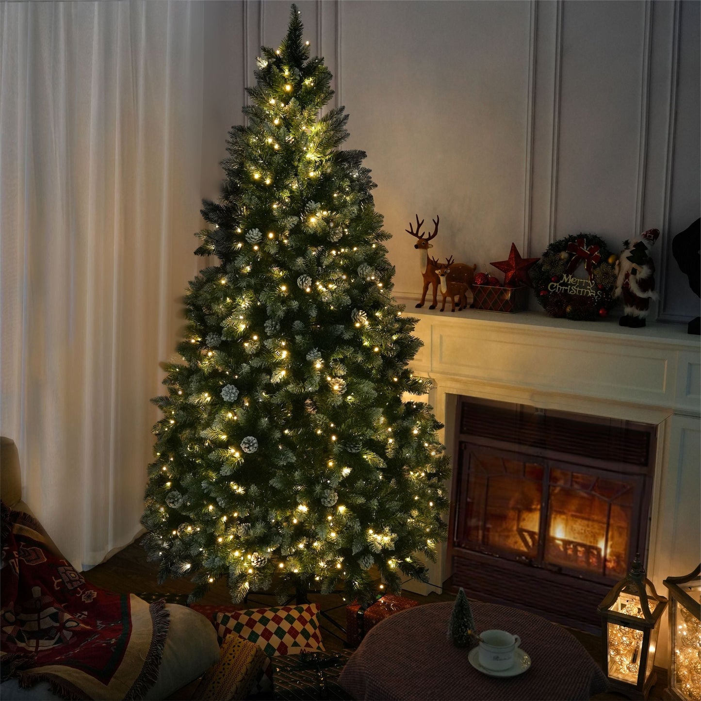 6FT Snow-Frosted Christmas Tree with Pine Cones and 400 Warm White LED Lights - Renee Lane Company