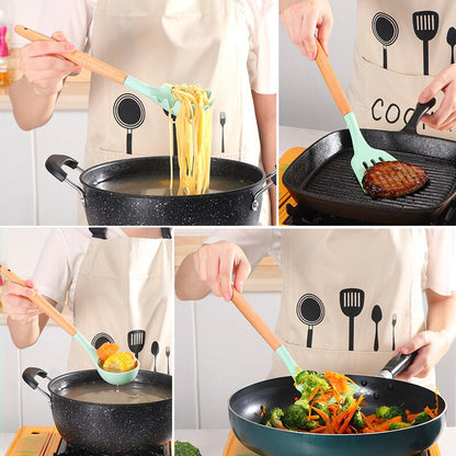 Teal silicone spatula and spoon with wooden handles, cooking in a nonstick skillet