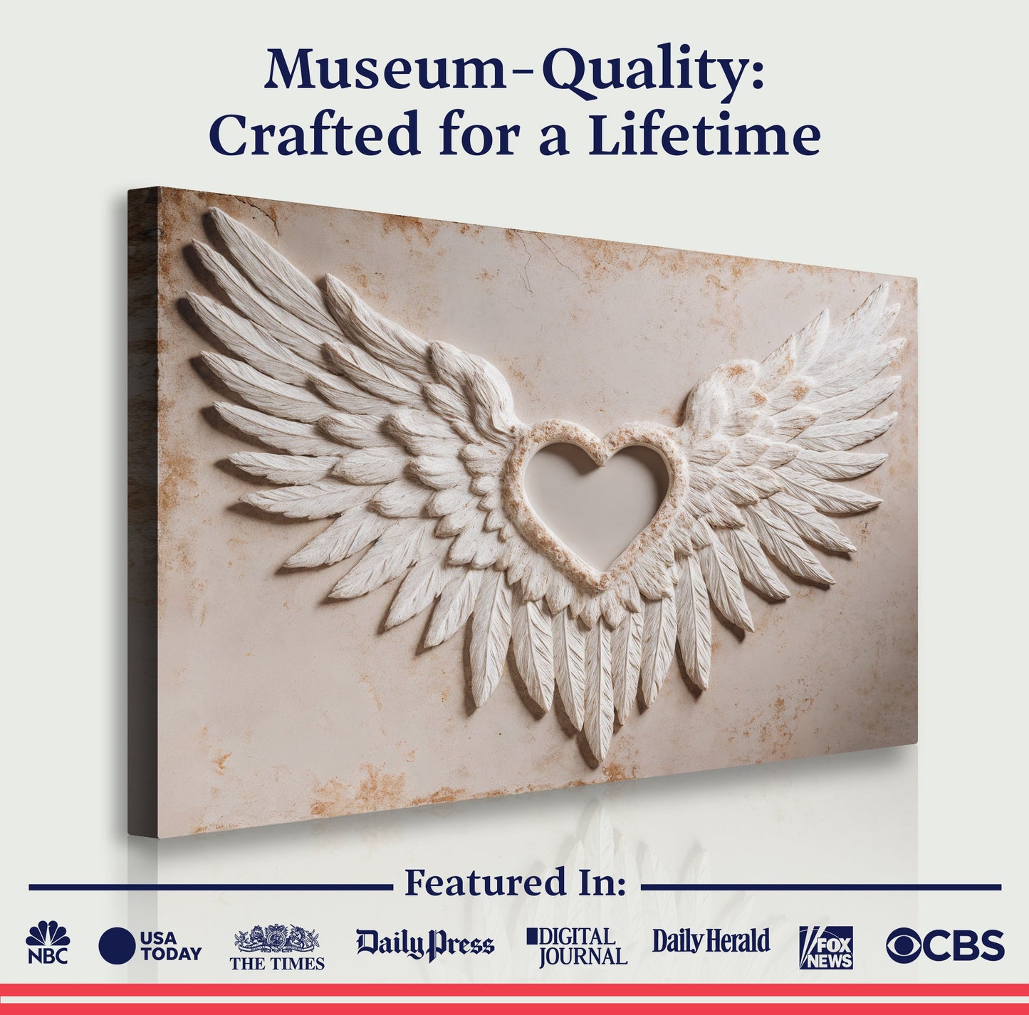 Abstract wall art canvas with white angel wings and heart centerpiece