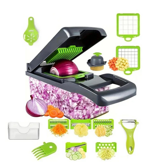 Multifunctional vegetable chopper with green grater inserts and slicer grid, black base