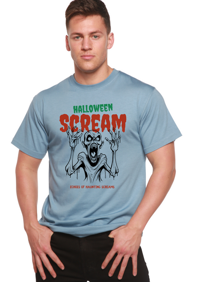 Men's light blue Halloween graphic T-shirt with screaming monster front print