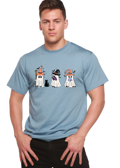 Men's short-sleeve T-shirt in light blue with cartoon Halloween costume graphic across chest
