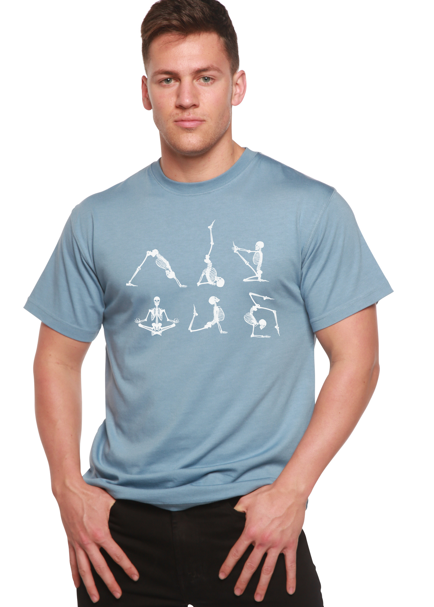 Men's light blue short sleeve graphic t-shirt with white skeleton yoga artwork