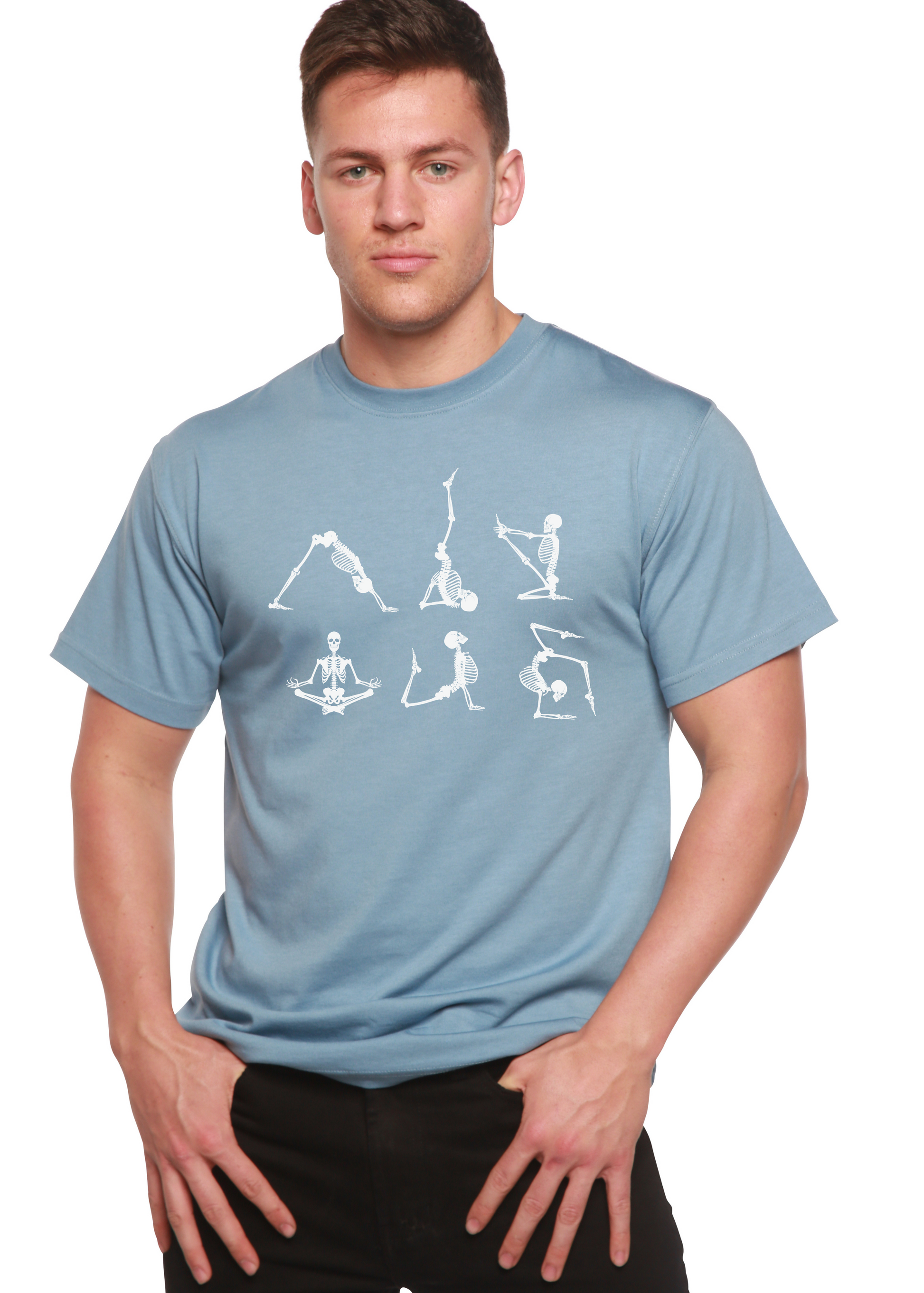 Men's light blue short sleeve graphic t-shirt with white skeleton yoga artwork