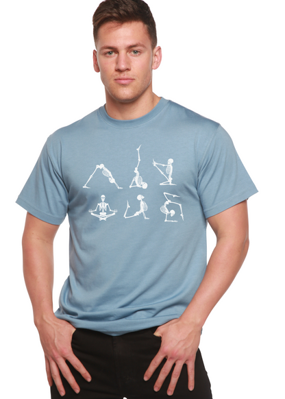 Men's light blue short sleeve graphic t-shirt with white skeleton yoga artwork