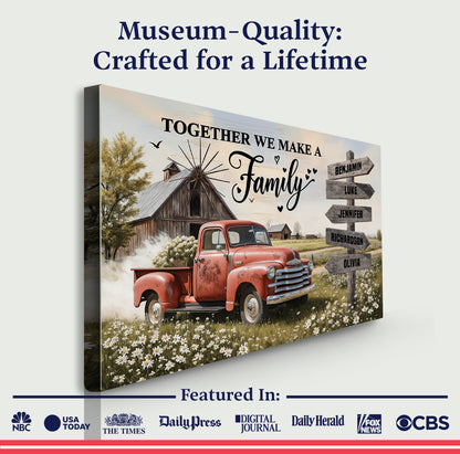 Personalized canvas wall art with a red vintage pickup truck, farmhouse, and family name sign