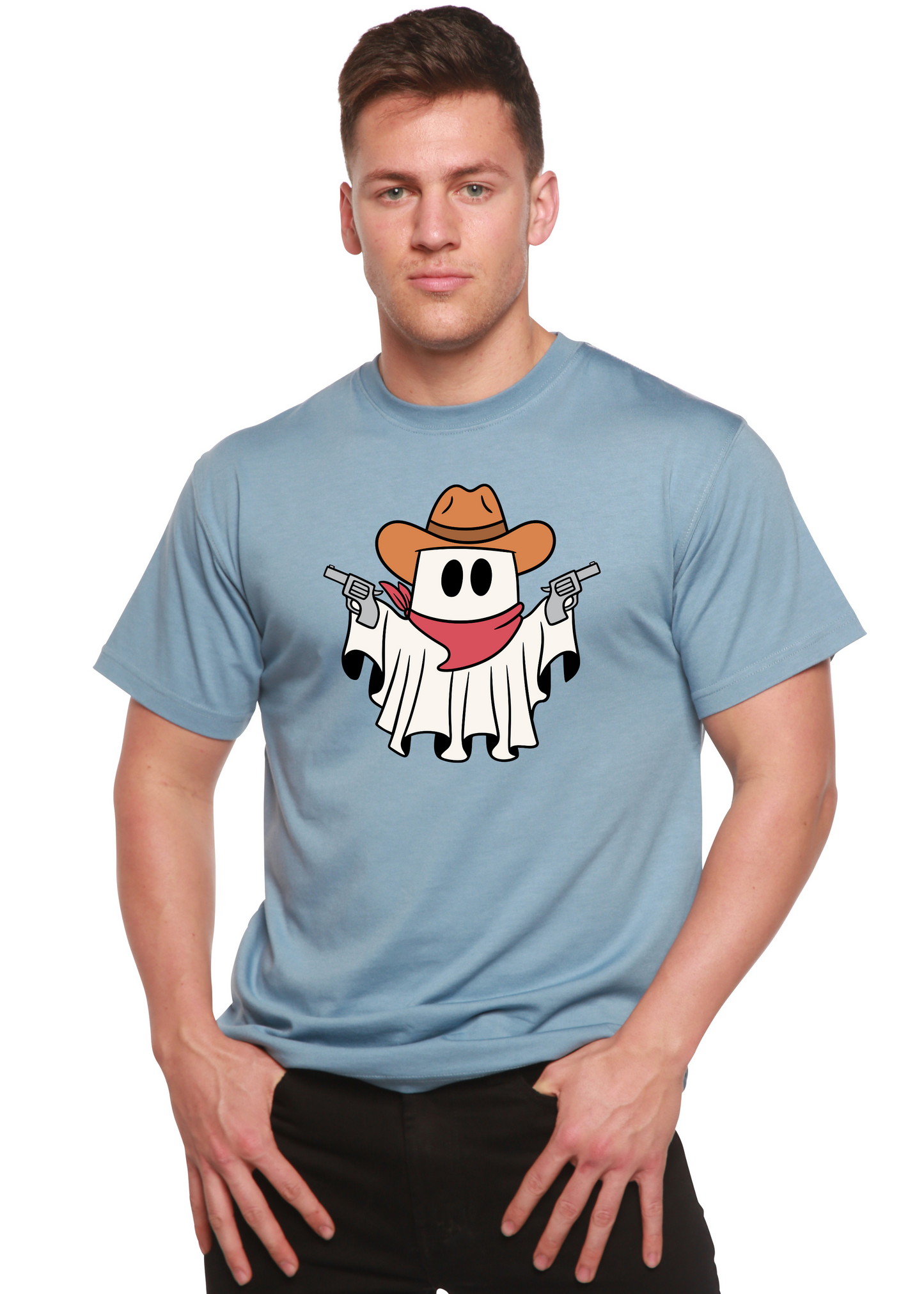 Men's light blue graphic T-shirt with cowboy ghost face and revolver print on front.