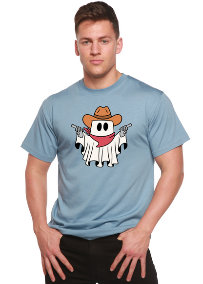 Men's light blue graphic T-shirt with cowboy ghost face and revolver print on front.