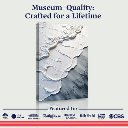 Abstract wave wall art with white raised swirls over blue-gray textured background