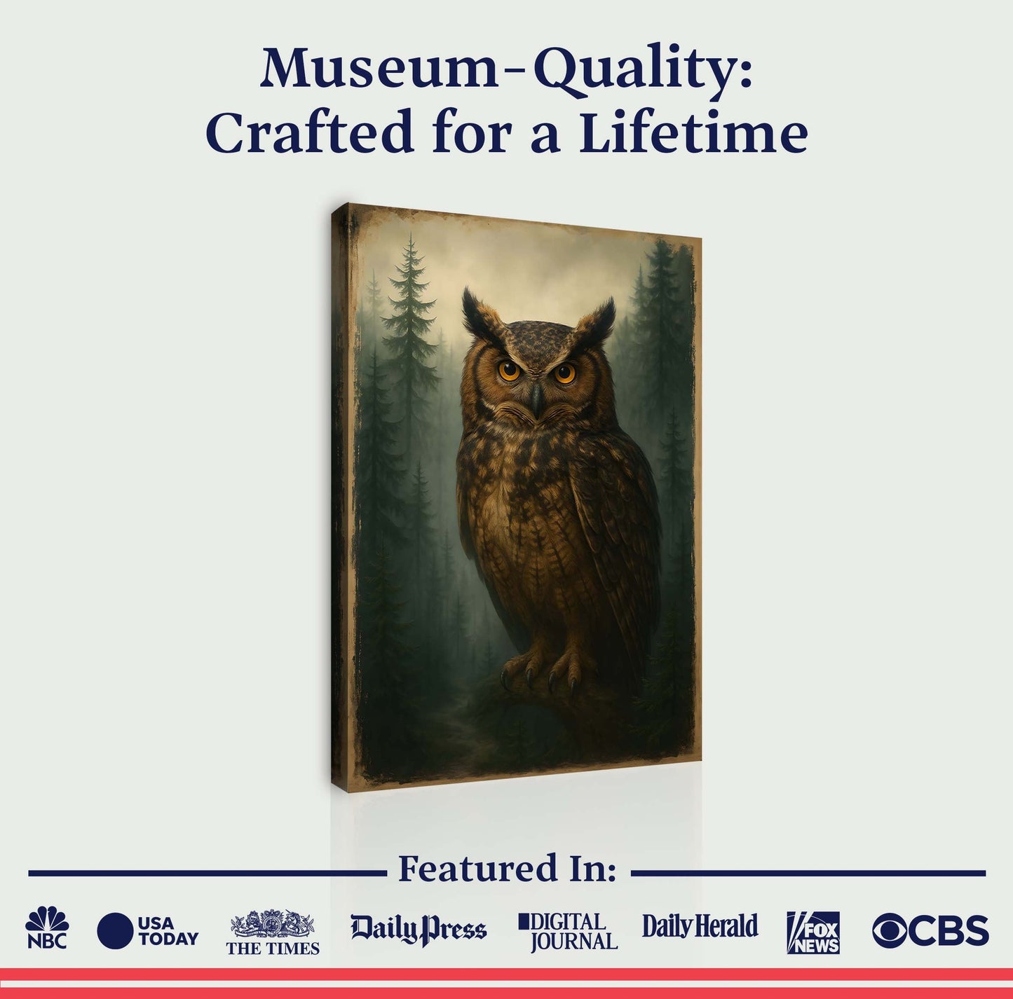 Owl wall art canvas with forest trees, shown upright like a displayed print