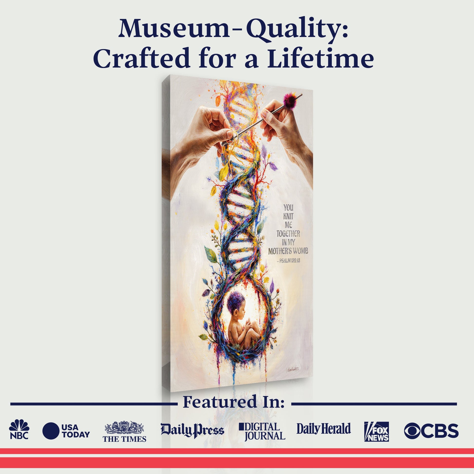Psalm 139 knit-themed wall art canvas shown with multicolor DNA and baby yarn wreath