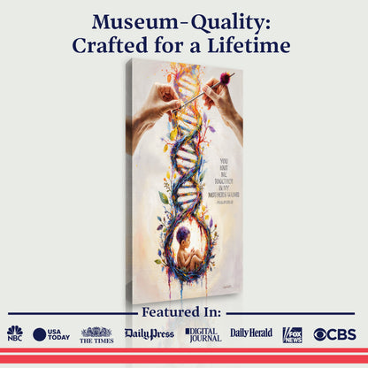 Psalm 139 knit-themed wall art canvas shown with multicolor DNA and baby yarn wreath