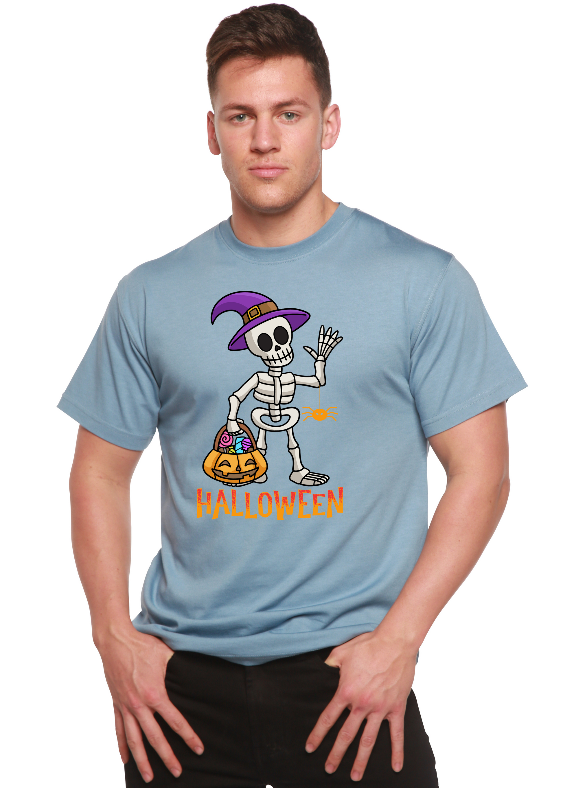 Unisex light blue graphic T-shirt with skeleton holding jack-o-lantern and HALLOWEEN