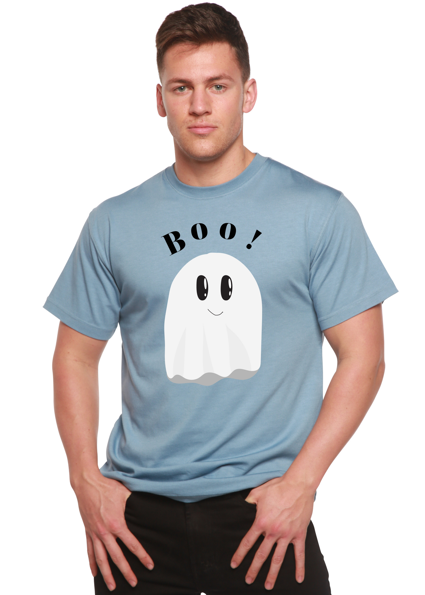 Men's light blue graphic T-shirt with “BOO!” text and white ghost print