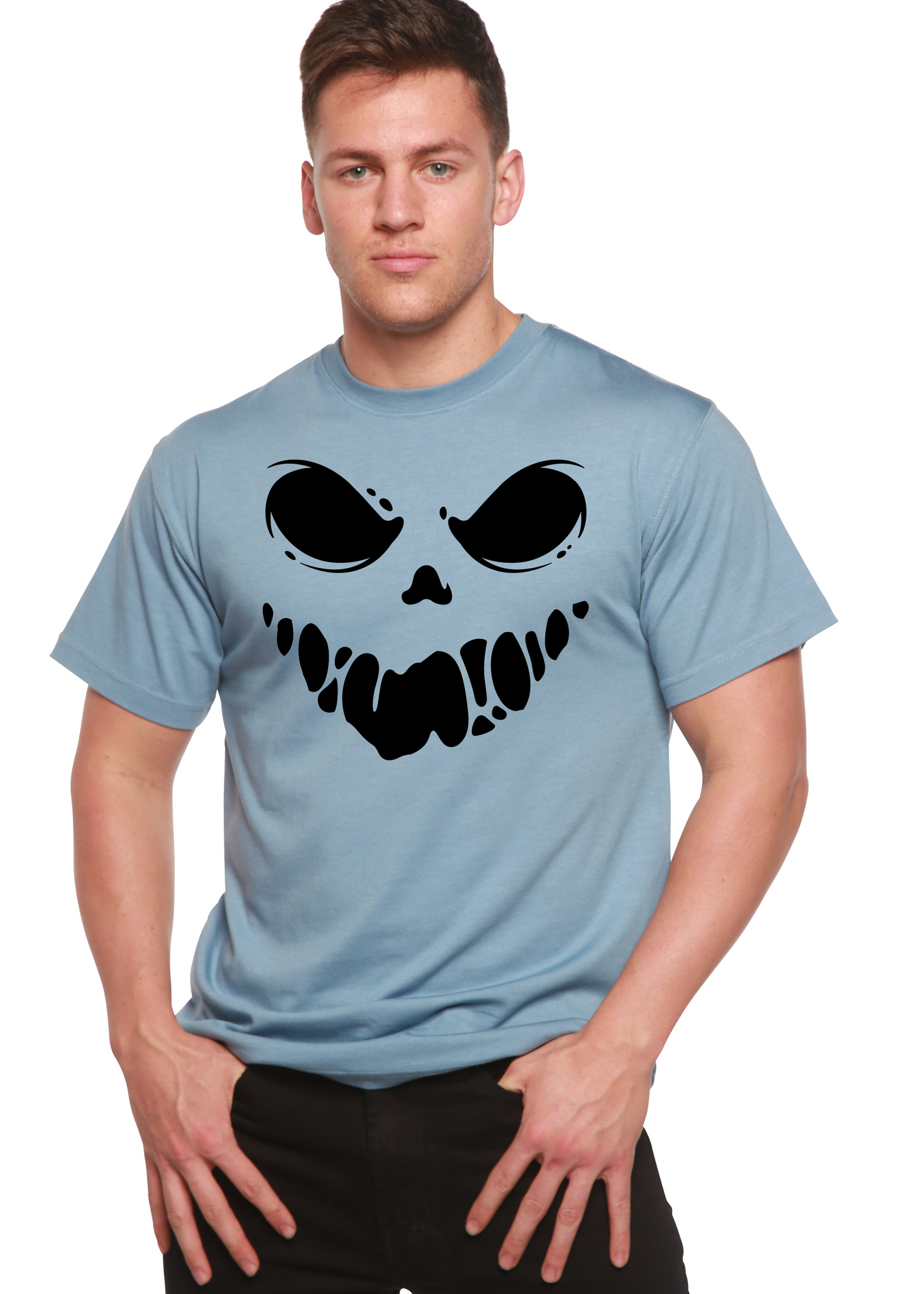 Men's light blue short sleeve graphic T-shirt with black skull face print