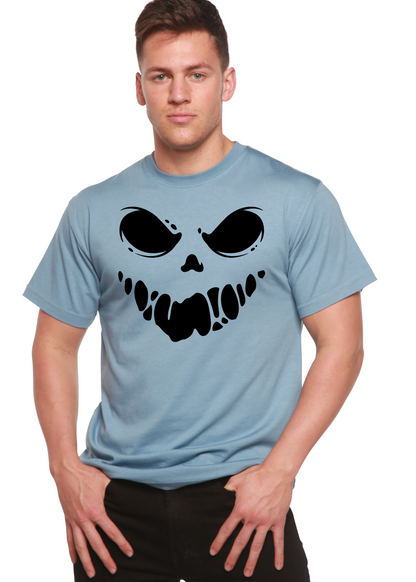 Men's light blue short sleeve graphic T-shirt with black skull face print