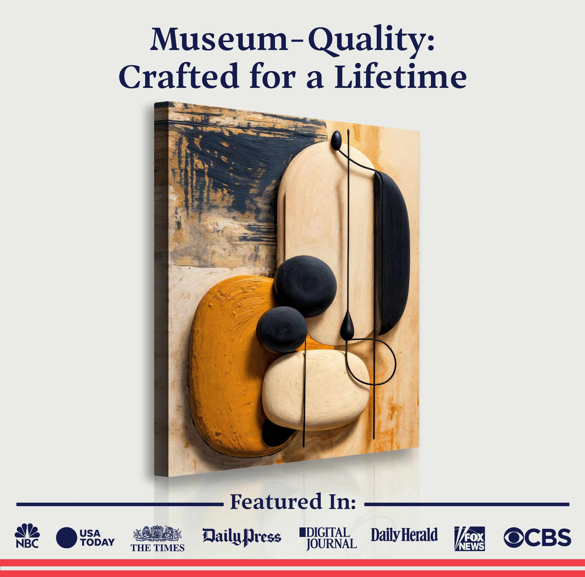 Abstract wall art canvas with cream, orange, and dark blue shapes in textured layers