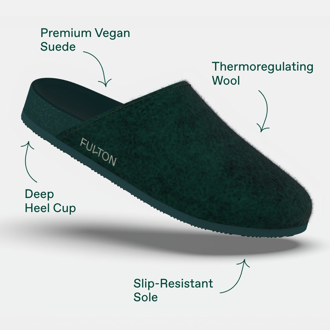 Forest green suede house slipper with deep heel cup and slip-resistant sole, FULTON.