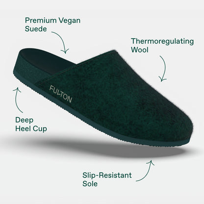 Forest green suede house slipper with deep heel cup and slip-resistant sole, FULTON.