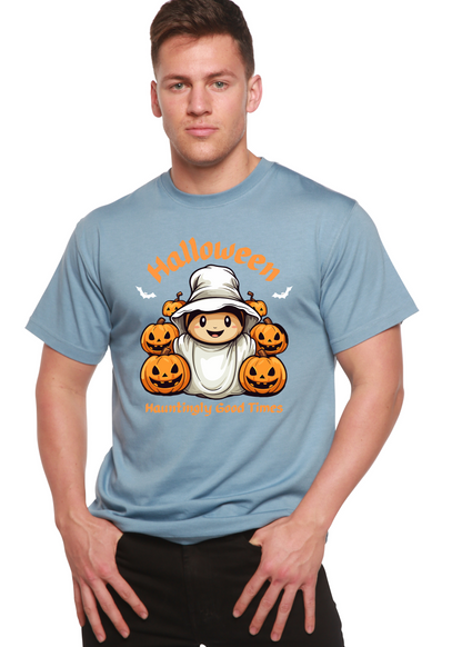 Men's light blue Halloween graphic short sleeve T-shirt with pumpkins and ghost illustration