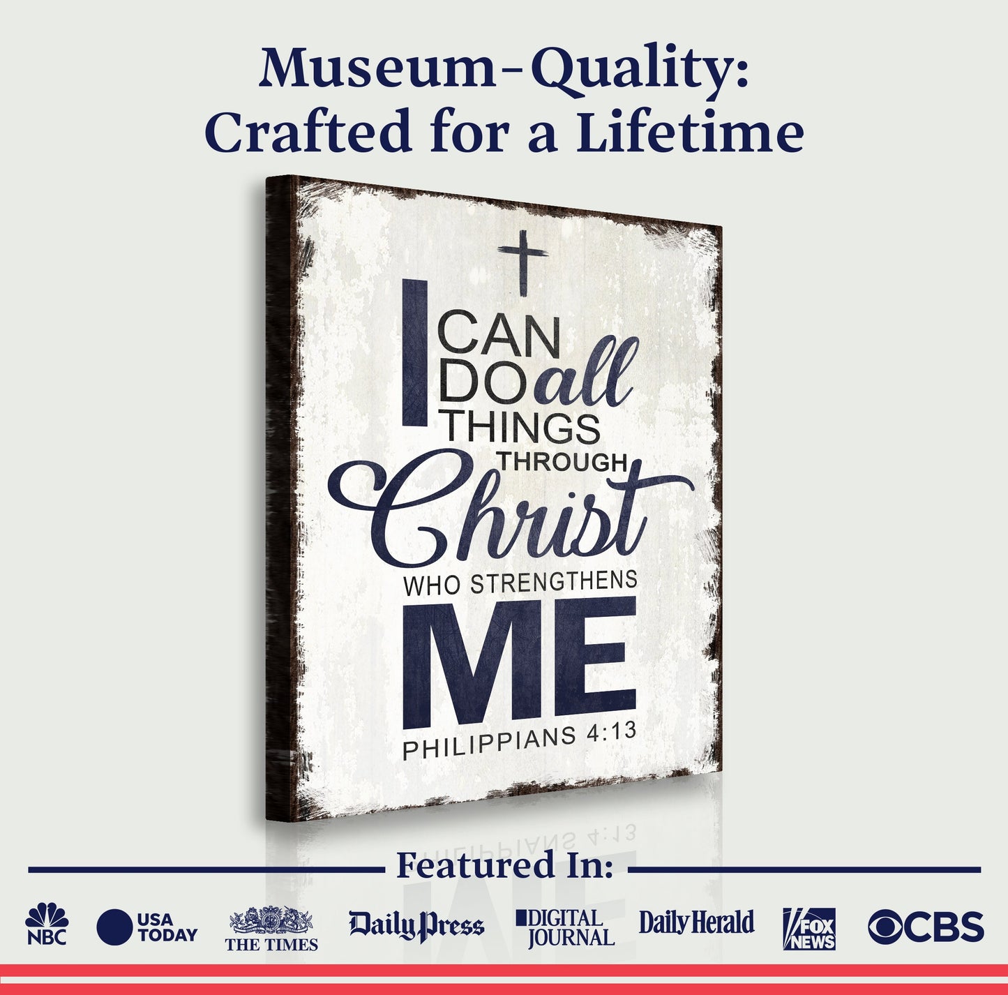 Canvas wall art with overlay text “Museum-Quality: Crafted for a Lifetime” and the quote