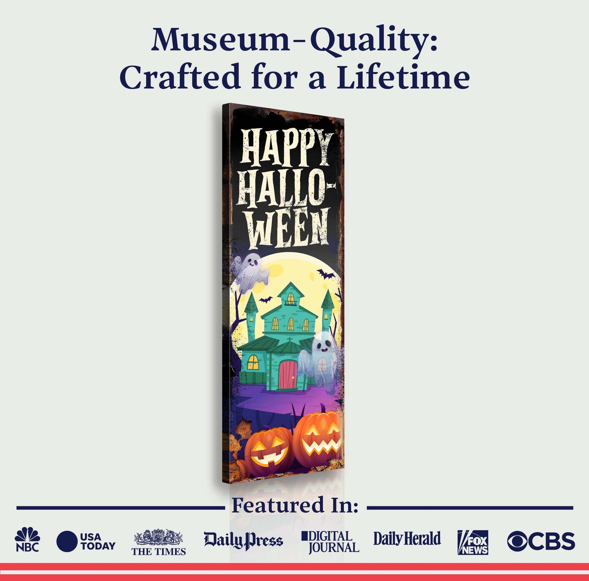 Halloween welcome sign canvas with Happy HalloWeen text, ghost and haunted house scene
