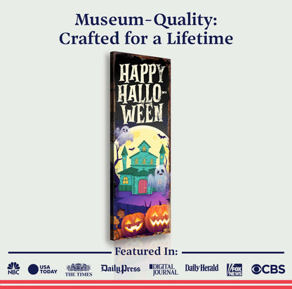 Halloween welcome sign canvas with Happy HalloWeen text, ghost and haunted house scene