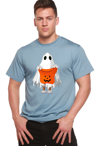 Men's blue short-sleeve graphic t-shirt with ghost holding orange jack-o'-lantern bucket