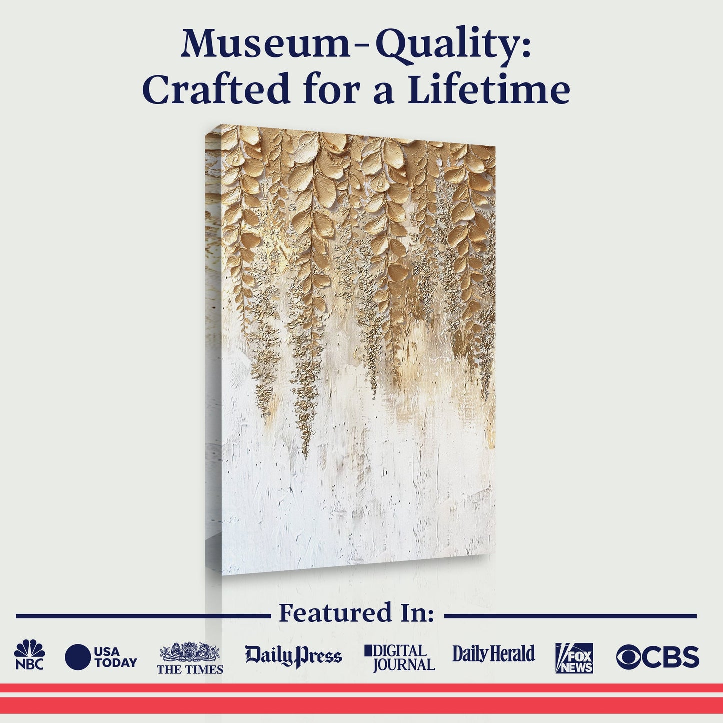 Museum-Quality text above a gold wisteria relief wall art canvas on white.