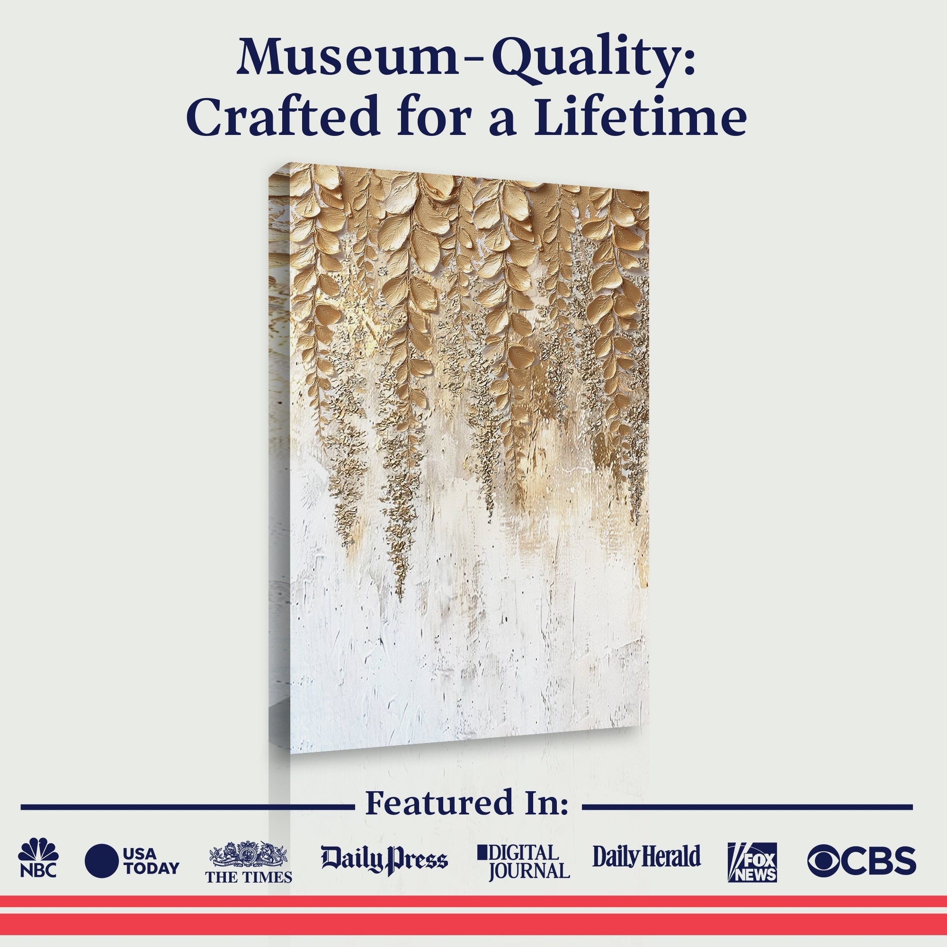 Museum-Quality text above a gold wisteria relief wall art canvas on white.