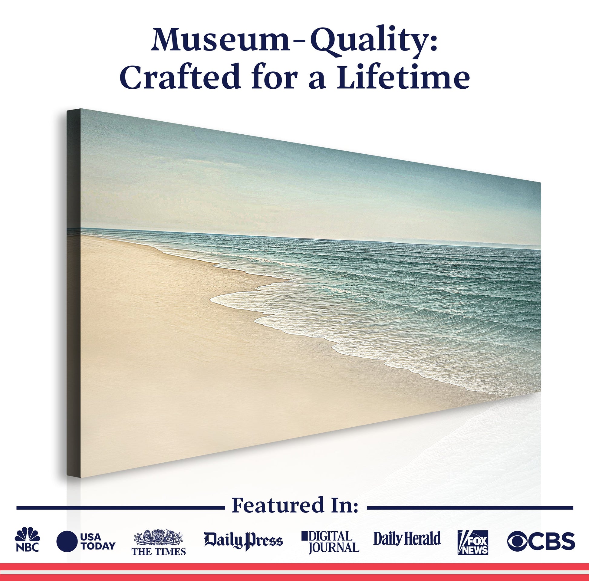 Beach shoreline canvas wall art featuring sandy shore, foamy surf, and blue-green ocean.