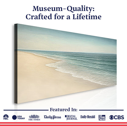 Beach shoreline canvas wall art featuring sandy shore, foamy surf, and blue-green ocean.