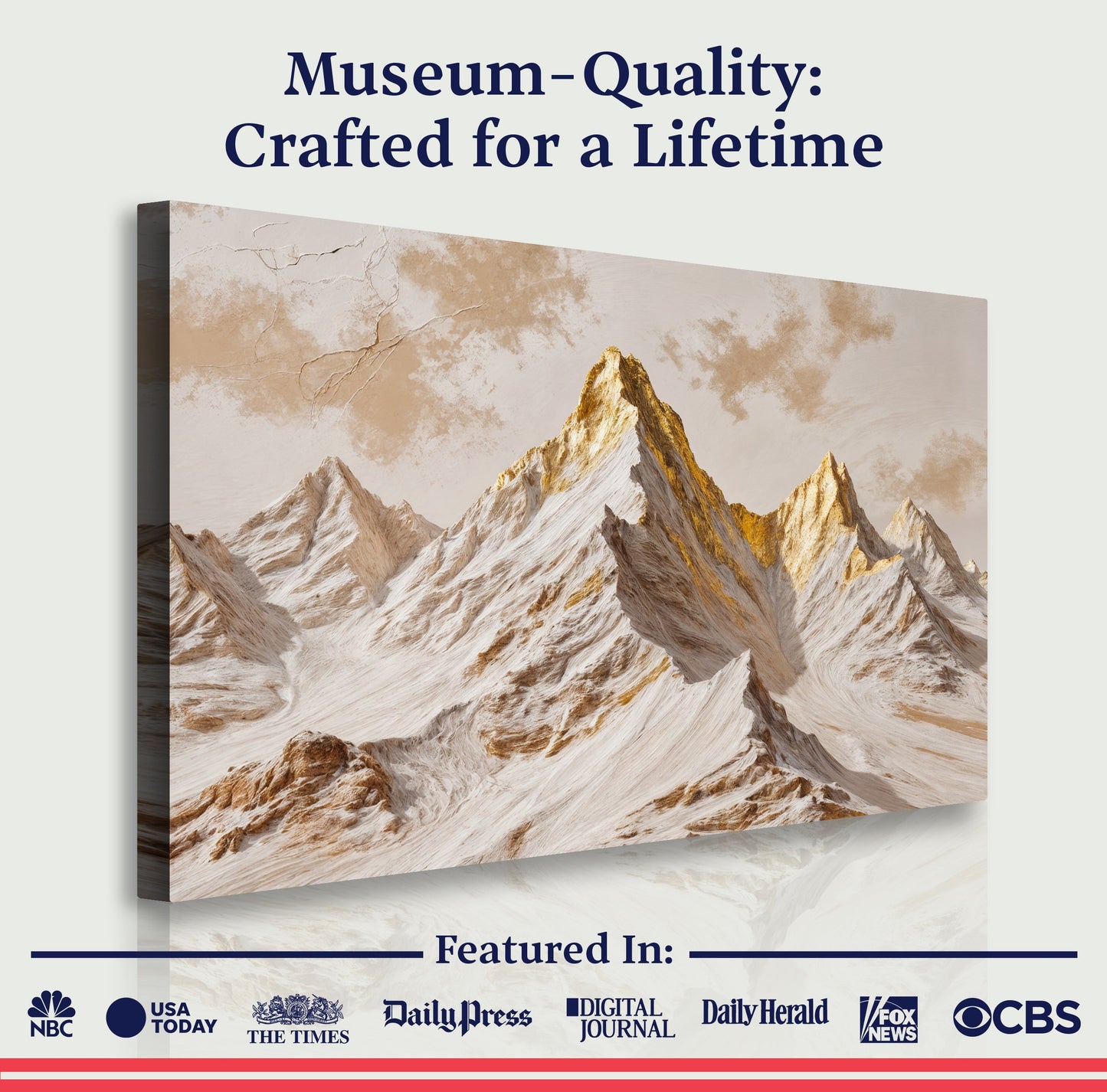 Mountain peaks canvas wall art with golden summit on a museum-quality banner