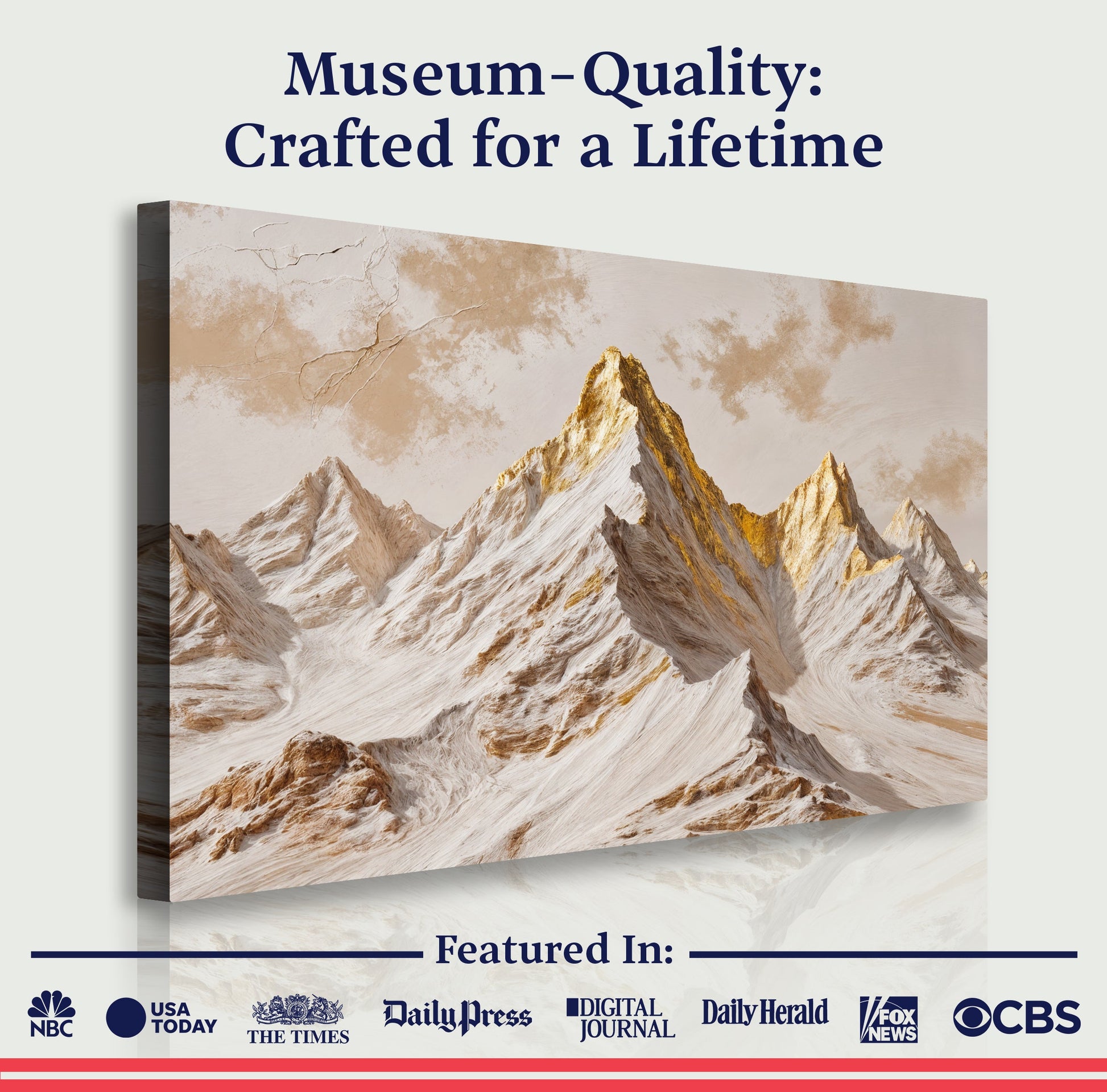 Mountain peaks canvas wall art with golden summit on a museum-quality banner